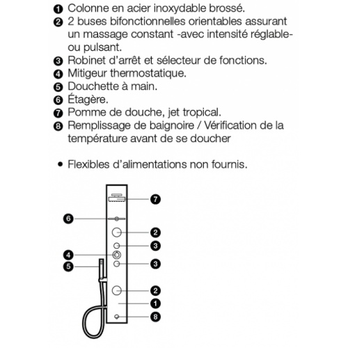 Colonne de douche thermostatique avec hydromassage en acier Neos 2 Neos 2 cote 2 Colonne de douche thermostatique avec hydromassage en acier Neos 2 Neos 2 cote 2