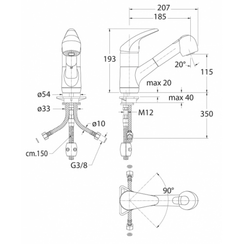 Mitigeur évier avec douchette Oltre SP13451 Sp13451 cote Mitigeur évier avec douchette Oltre SP13451 Sp13451 cote