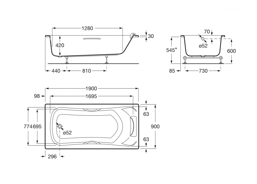 Baignoire nue rectangulaire a encastrer Becool 170x80 ROCA